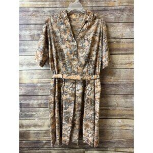 Vintage 1960s Short Sleeve Tan‎ & Black Print Dress With Belt 16